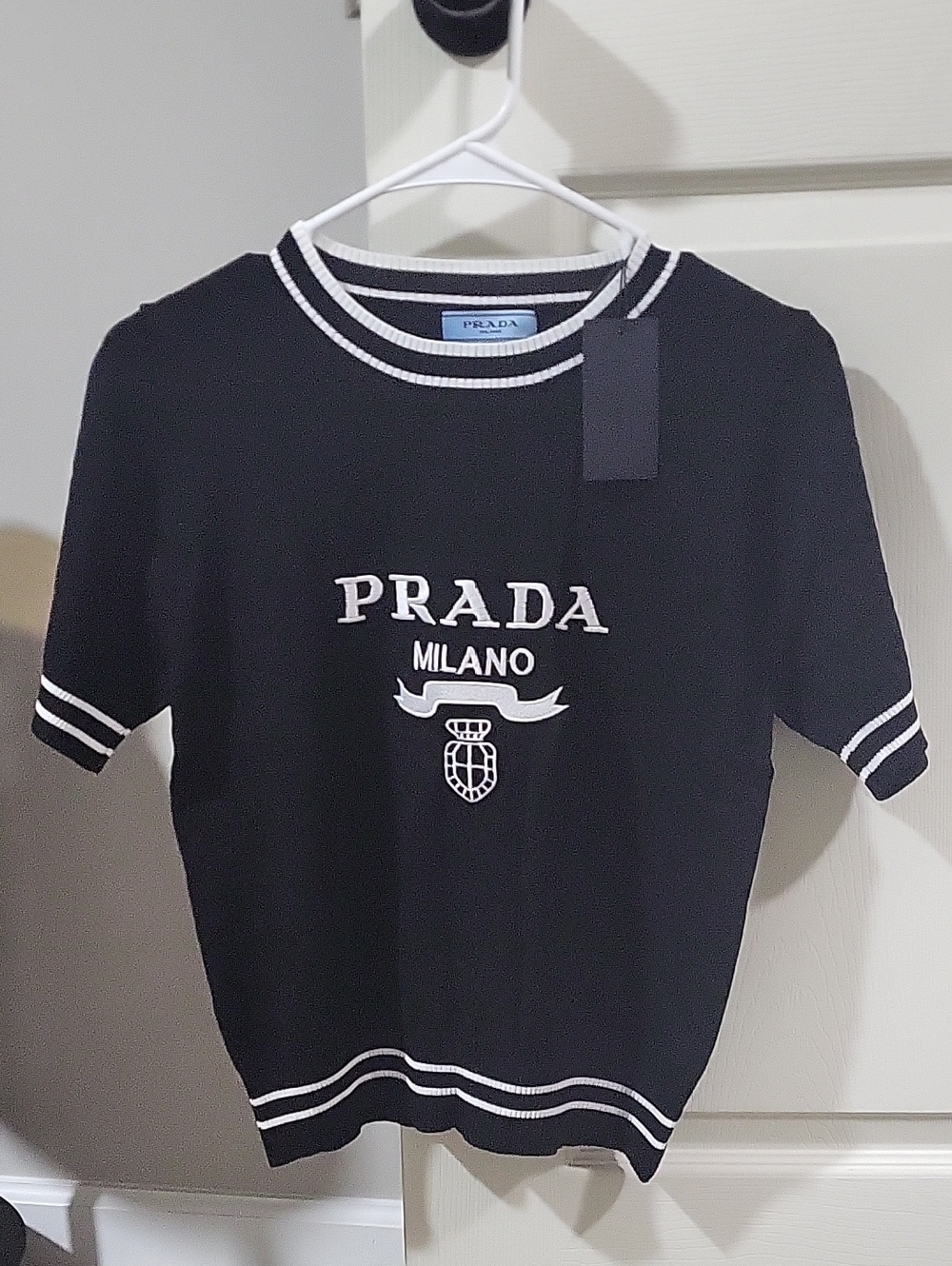 Prada Black Knit Logo Short Sleeve Top